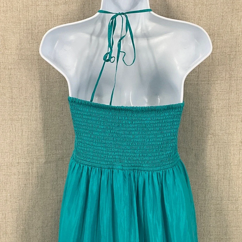 Maeve‎ Silk Maxi Dress Women Sz S Teal Blue 100% Silk Smocked Tiered Boho Halter